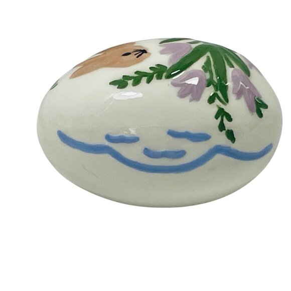 Easter Egg With Bunny & Flower Design Hand-Painted Glazed Ceramic Vintage 1982 - Picture 3 of 7